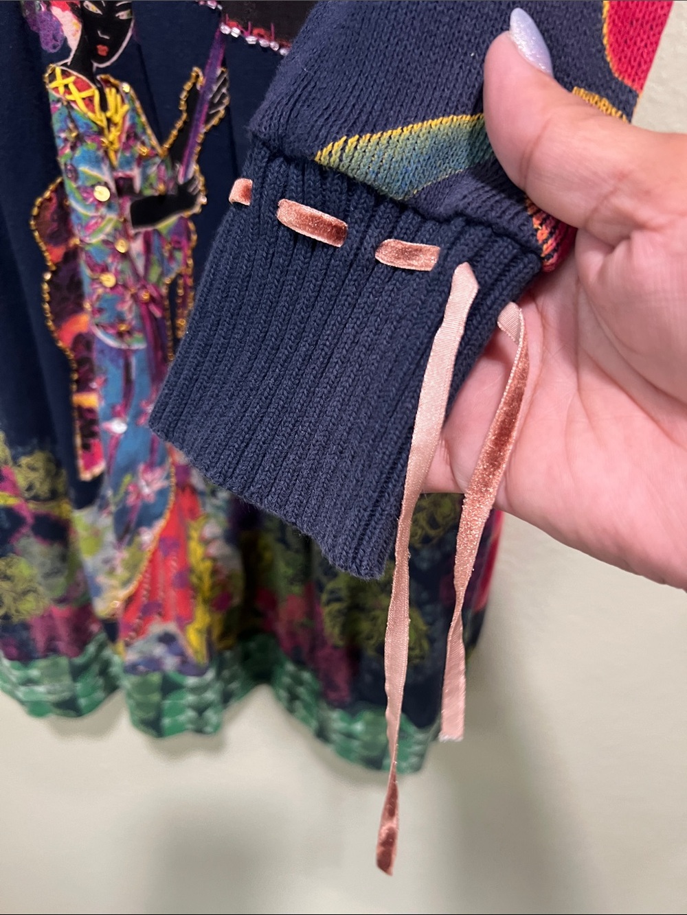 Desigual Navy Multicolor Floral V-Neck Knit Dress with Pink Trim - Picture 4 of 6